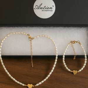 Antian Accessories™ Pearl Heart Necklace & Bracelet Set